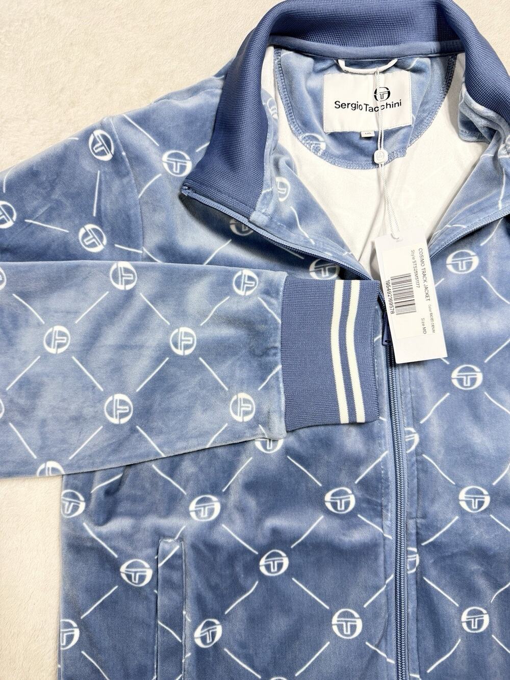 NWT Sergio Tacchini Cosimo Velour Track Jacket Blue Monogram Retro Street Sz MD